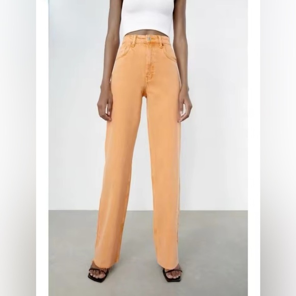 Zara Wide Leg High Waist Orange Tan Jeans Size 4 - Picture 1 of 9